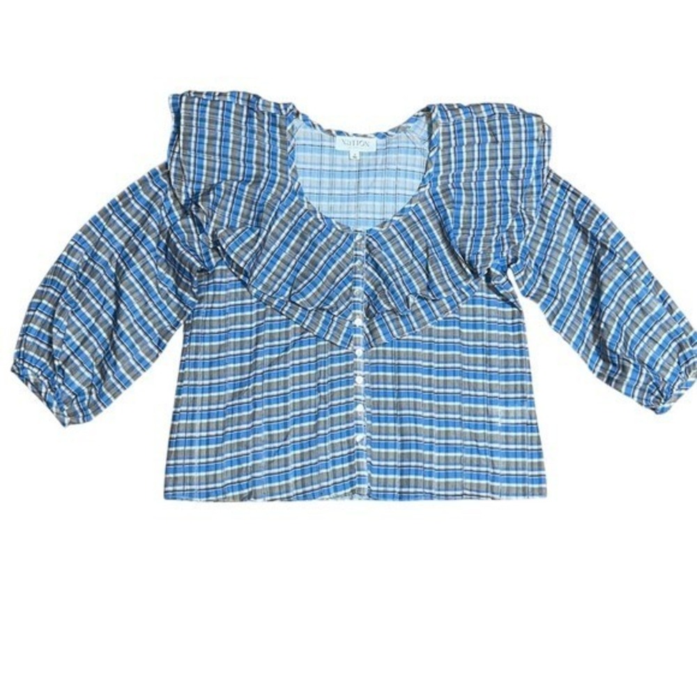Nation LTD Los Angeles Ruffle Collar Button Front Balloon Sleeve Plaid Blouse‎ S